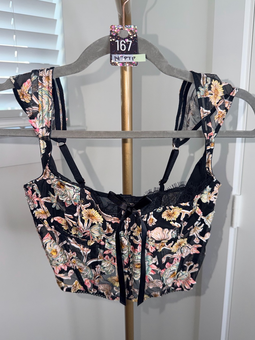 167. Victoria's Secret Dream Angels Embroidered Mesh Corset Top Black Floral